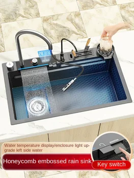 Vodopad veliki sudoper od plemenitog čelika s jednim utorom, umivaonik od nehrđajućeg čelika Nano 304, kuhinja kuća, digitalni zaslon, ručno sudoper za pranje povrća na Lijevoj strani
