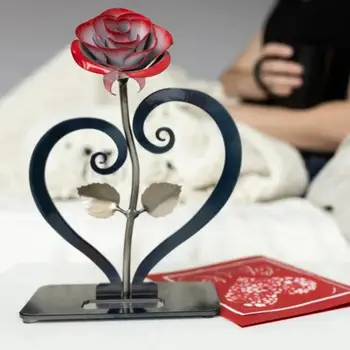 Metalna skulptura ruža od kovanog željeza, crvena metalna skulptura ruža, Jubilej Iron cvijet s ukrasnim stalak za jubilejske željeznog