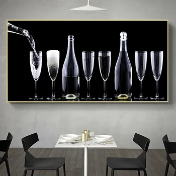 Skandinavski black zidni paneli iz boce šampanjca, slika na platnu iz čaše za vino, moderne koktel plakati, grafike za dekor blagovaonica