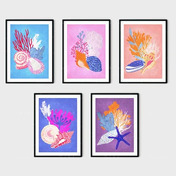 Zidne slike s prikazom morskih školjki, Apstraktne print u obliku školjke, Živopisan primorski slikarstvo, Dekoracija na beach temu, Akvarel boje oceana