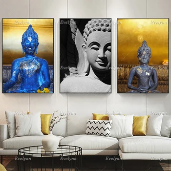 Plavi Plakat s Buddha, Siva Buda -Ispis za doma dekor, Wall Art, Platno, Ukras dnevnog boravka, Platno, Slikarstvo, Jedinstven Poklon