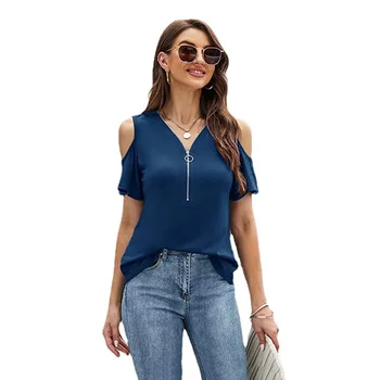 Majica Ženska Ljetna 2023, Novi monotono casual majica kratkih rukava na munje s otvorenim ramenima, moderan top s V-izrez