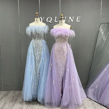 Večernje haljine YQLNNE s plavim perjem i dugi rez, расшитое kristalima večernja haljina od tila 