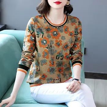 Ženski pulover, t-shirt u patchwork stilu s po cijeloj površini, Proljeće i jesen 2023, Novi veličina, slobodan klasične majice s okruglog izreza i dugi rukav