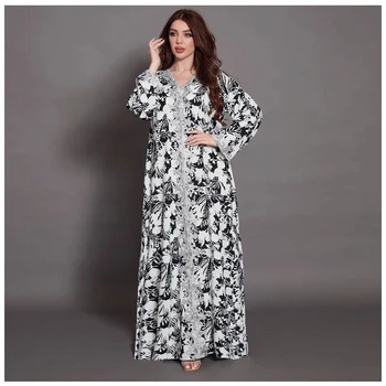 2023 Nove duge haljine za žene u arapskom Dubaiju šljokice, srebrnim koncem, obrubljen trakom, muslimanska odjeća dugih rukava, crno-bijele haljine s po cijeloj površini