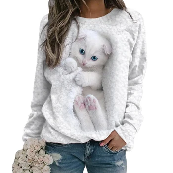 Ženska t-shirt s 3D ispis mačka, bluze dugih rukava i okruglog izreza, top za poklon za rođendan, Valentinovo