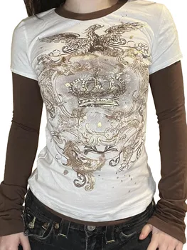 Ženske majice Y2k dugi rukav, moderan print, okrugli izrez u patchwork stilu, jesenje vrhovima u gotičkom stilu punk, seksi uske majice