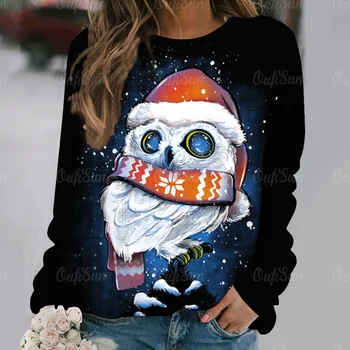 Božićno sova, ženska majica sa dugim rukavima, imitacija pamučne majice sa 3D crtani životinjama po cijeloj površini, jesenski ženska majica, moderan pulover