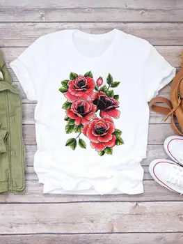 Odjeća, moda ženska majica sa po cijeloj površini, crtani majice, cvjetni trend, slatka majica kratkih rukava 90-ih, svakodnevni grafički t-shirt
