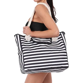 Холщовые torbe u crno-bijeli strip, torba preko ramena od debelog užeta, prijenosni jednostavna torba, moderan svakodnevni torba za kupovinu velikog kapaciteta