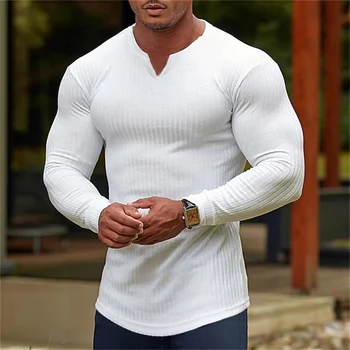 Muška majica s V-izrez i dugih rukava, svakodnevni monotono majica, elastična sportska majica za teretane, pogodan je za proljeće i jesen