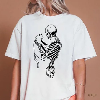 T-shirt u stilu харадзюку sa скелетом i mačka, ženska ljetna odjeća, slobodna casual majica kratkih rukava, vintage ulični odjeća, эстетичные vrhovima