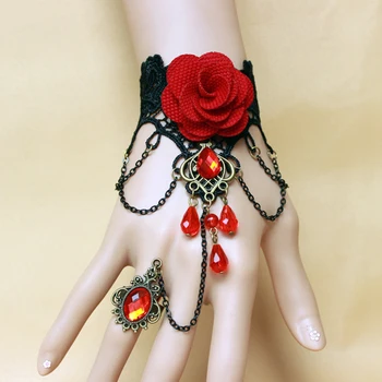 Vintage nakit od plemenitih dizajn, cvjetne čipke Ruža, Veliki narukvica od crnog kristala s prstenom, narukvica u ton