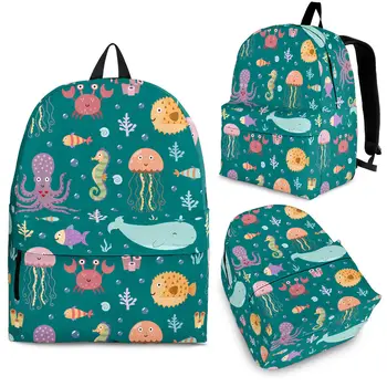 Zeleni Ruksak s uzorkom crtani kita / meduza / hobotnice YIKELUO, ruksak za odmor s podmorskim životinjama, torba za studentskih udžbenika