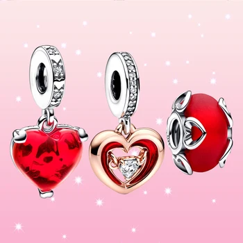 Pandora Crveno муранское staklo i srca, šarm, krađa srebra za žene, narukvica, izrada nakita svojim rukama, pribor, sladak i romantičan poklon.