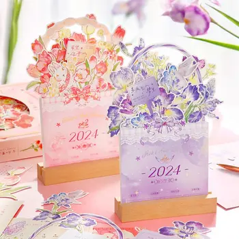 2024 Korejski Sanjive Cvijet Drveni Kalendar Raspored Dnevnog Reda Minijaturni Art Ukras Zec I Mačka Uzorak Prikaz Datuma Ukras