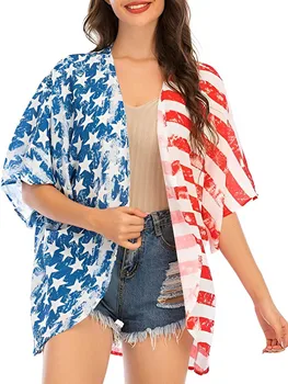 Ženska Casual košulja kontrastne boje s američkom zastavom, Kratki rukav, Slobodni stil, Otvoreni Prednji dio, Ljetne majice na pruge sa zvijezdama